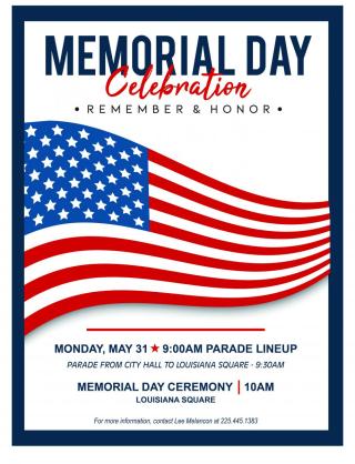 Flyer with memorial day event 9:30am parade and 10am ceremony at louisiana square