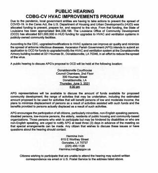 Public Hearing flyer for CDBG-CV HVAC IMPROVEMENTS PROGRAM 