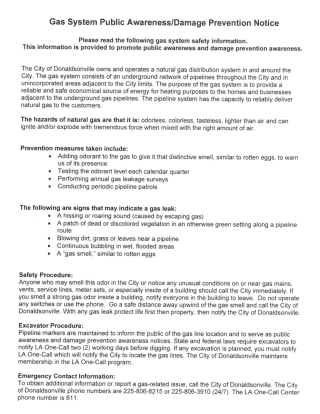 Flyer Discussing Gas System Public Awareness / Damage Prevention Notice